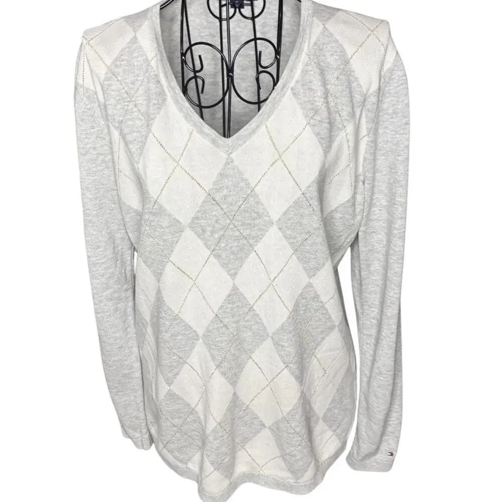 Tommy Hilfiger Argyle Sweater Gray White V-Neck Metallic Glitter Knit Medium M